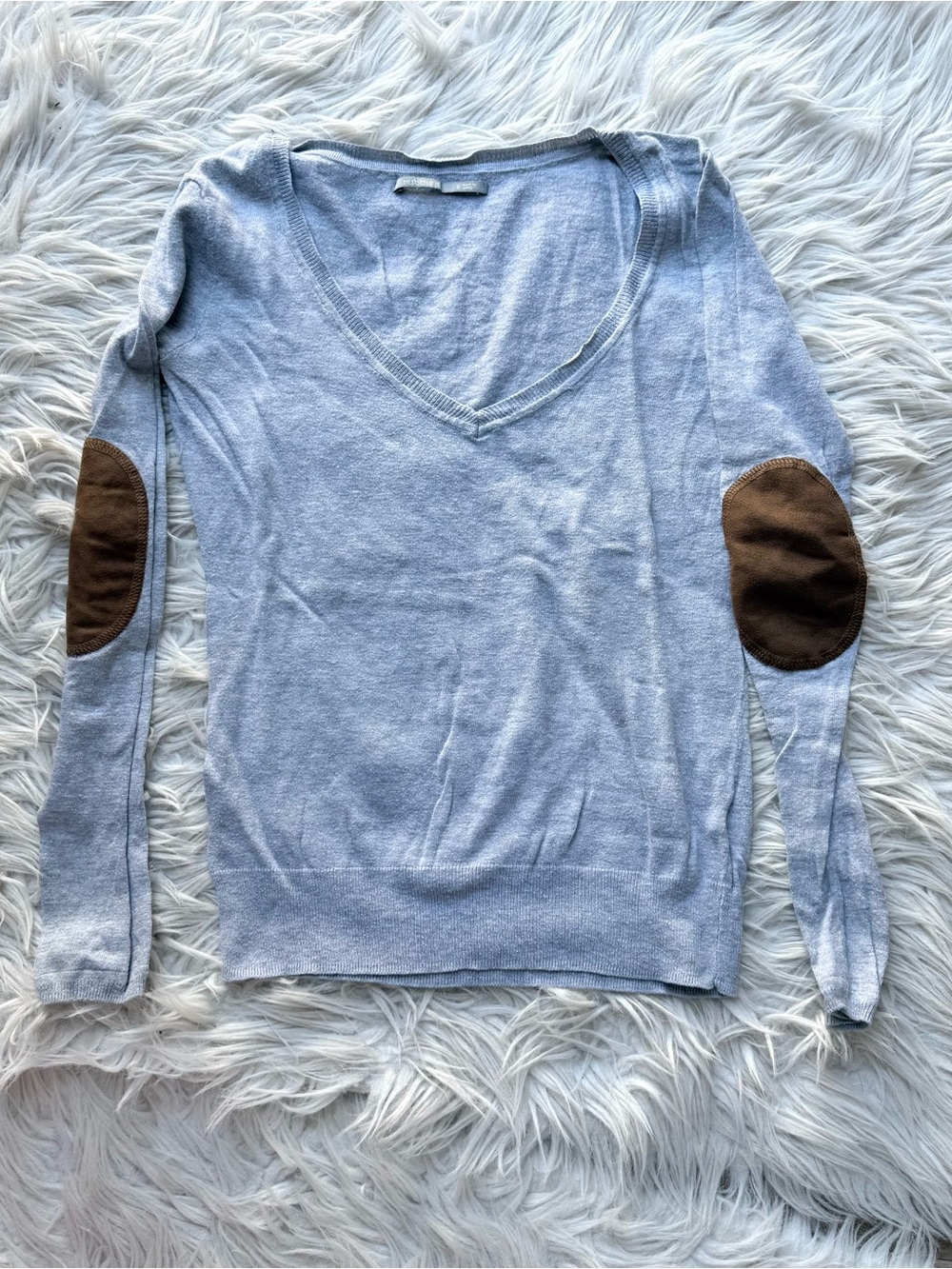 Rubbish V-neck heather gray sweater elbow patch lightweight academia preppy S